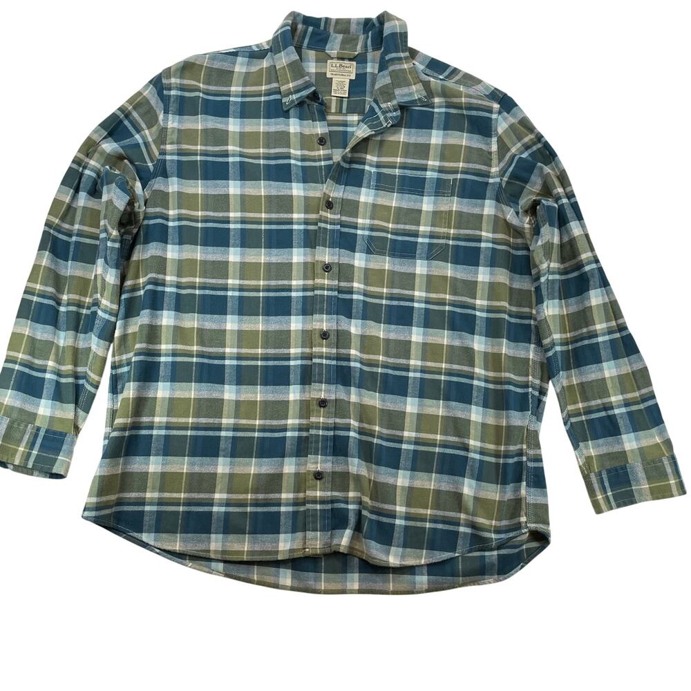 L.L. Bean Comfort Stretch Flannel Shirt Men's L Plaid Blue Green Organic Cotton